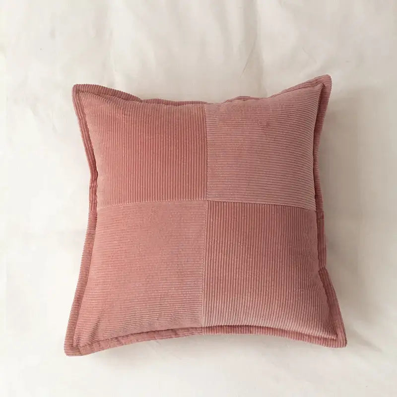 A soft pink modern earth tone corduroy pillow cover with patchwork design decorbites corduroy pillow for living room