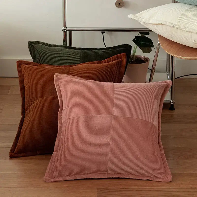 Modern earth tone corduroy pillow cover with soft pink patchwork design for living room decorbites corduroy pillow