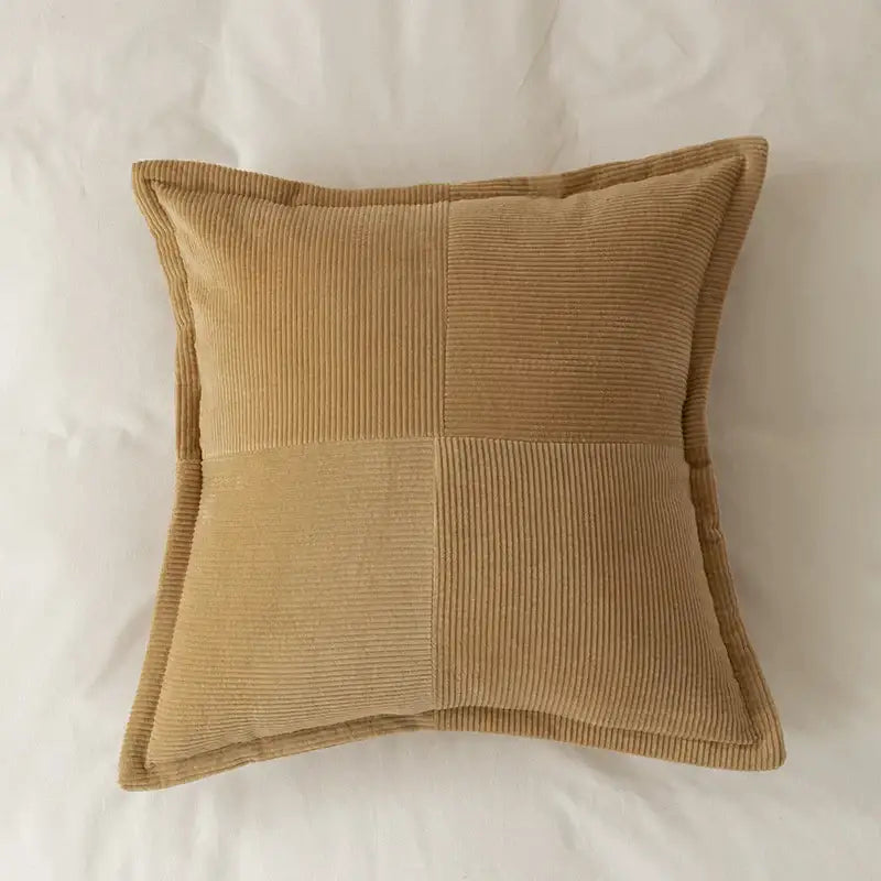 Tan corduroy patchwork pillow cover for living room decor featuring a modern earth tone design by decorbites corduroy pillow
