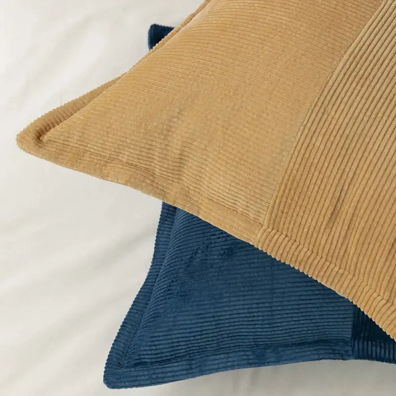 Modern earth tone tan corduroy pillow cover with subtle ribbed texture and neatly stitched edges for living room decorbites