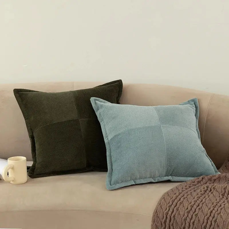 Two corduroy pillow covers in dark olive green and light teal blue for modern earth tone living room decorbites cushion