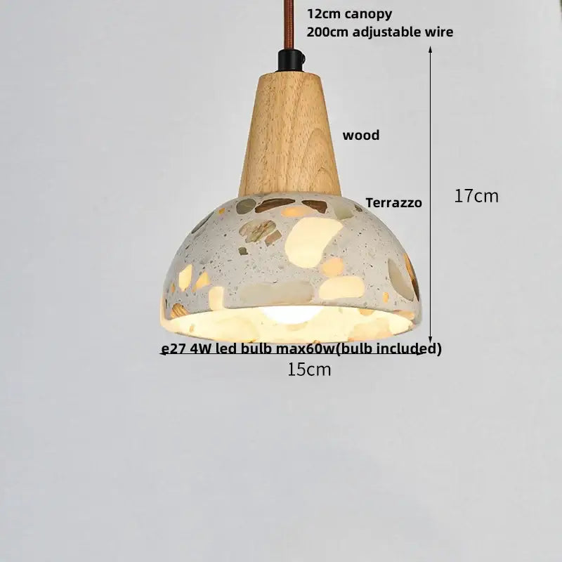 Modern earthy terrazzo stone led pendant light with wooden canopy and beige brown gray terrazzo stone shade for dining room