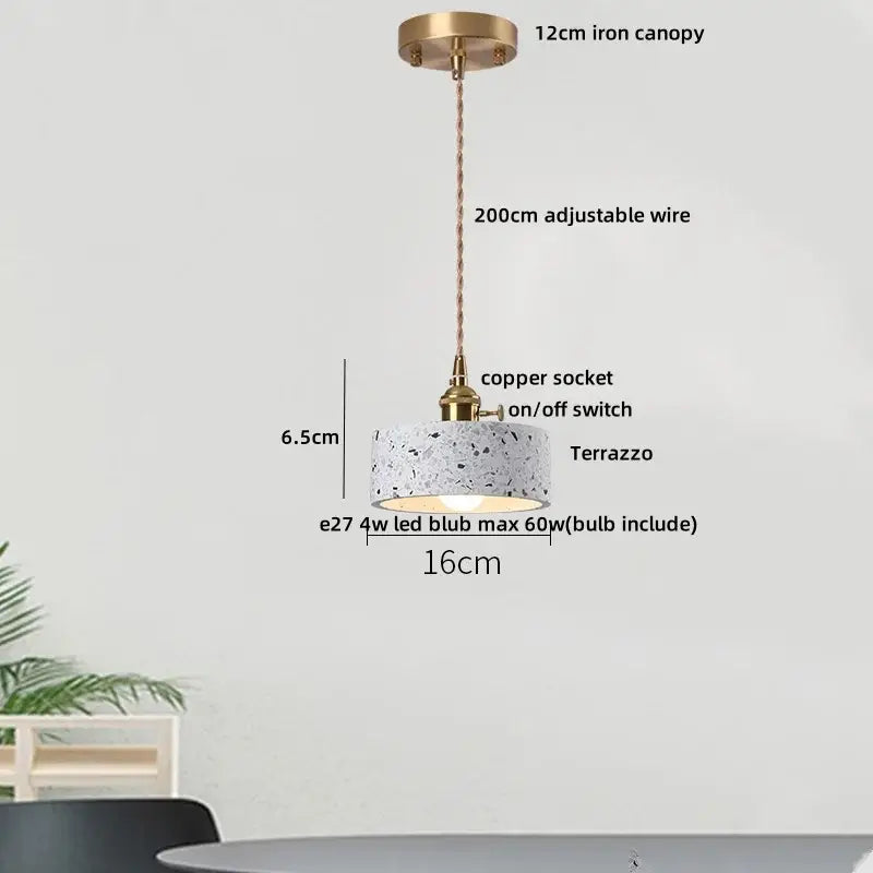 Modern earthy terrazzo stone led pendant light with white terrazzo shade and brass-finished canopy for dining room decorbites pendant light