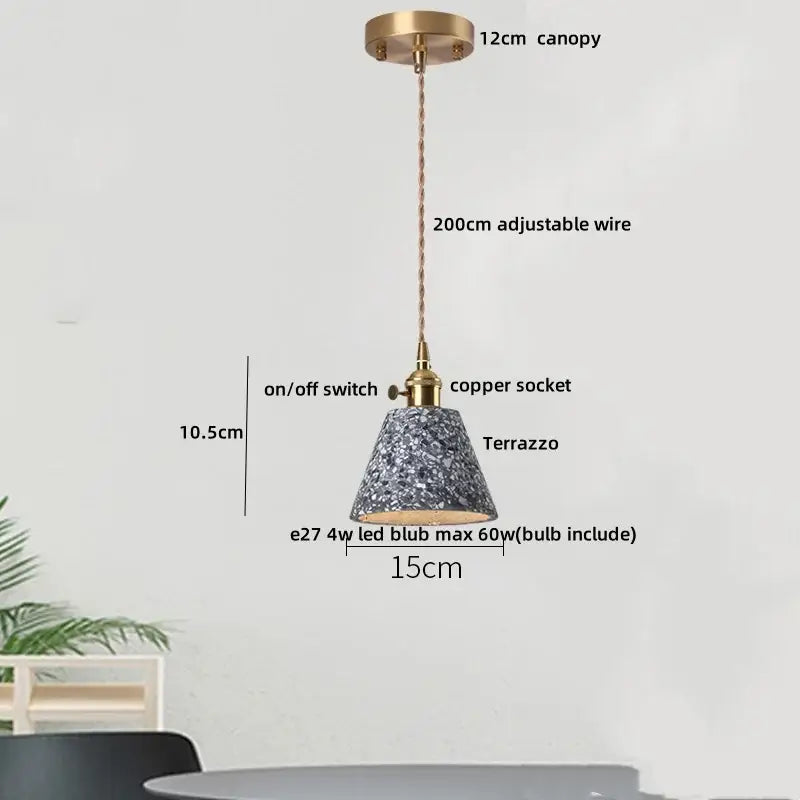 Modern earthy terrazzo stone led pendant light with speckled gray white finish brass hardware and copper suspension for dining room