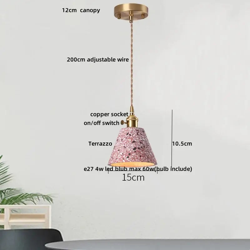 Modern earthy pink terrazzo stone led pendant light with brass canopy and adjustable wire for dining room decorbites terrazzo stone