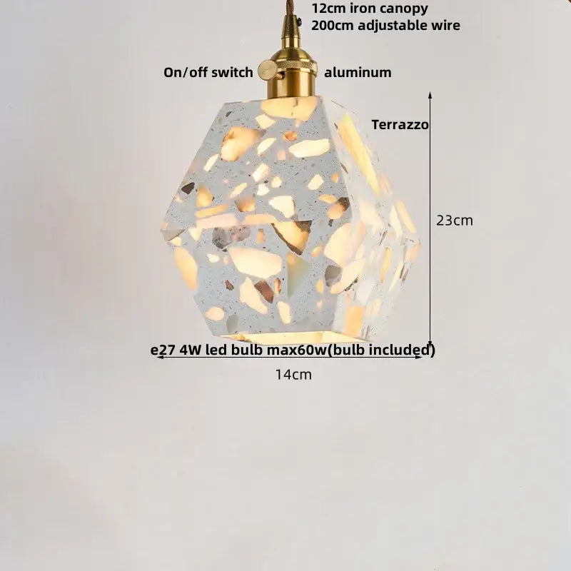 Modern earthy terrazzo stone led hexagonal pendant light with speckled gray beige pattern and aluminum iron canopy for dining room decorbites terrazzo stone