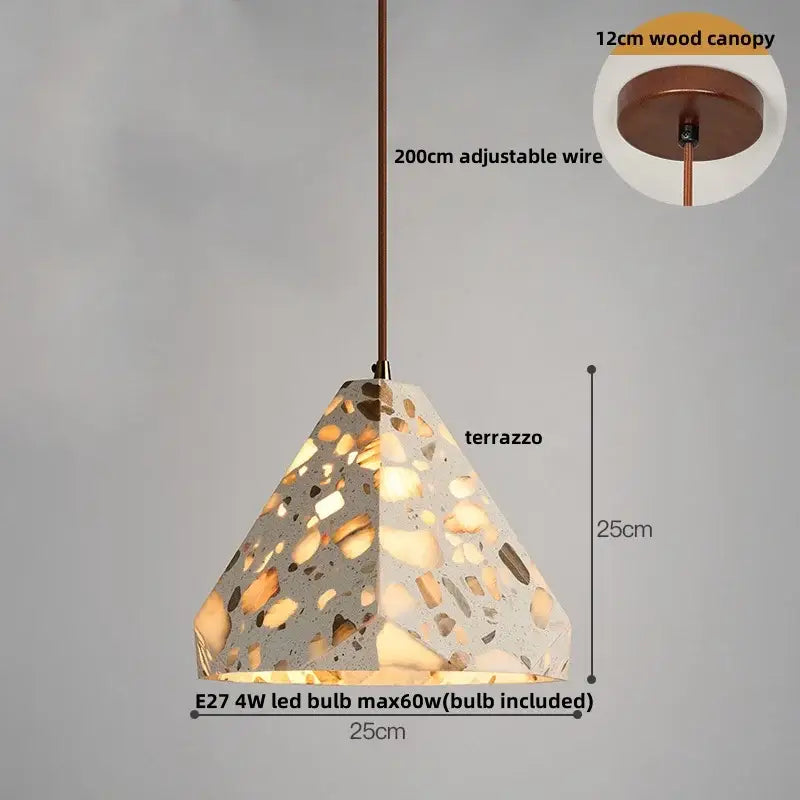 Modern earthy terrazzo stone led pendant light with gray concrete base and golden beige fragments for dining room decorbites