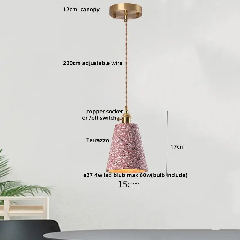 Modern earthy terrazzo stone led pendant light with pink terrazzo and brass canopy by decorbites for dining room decor
