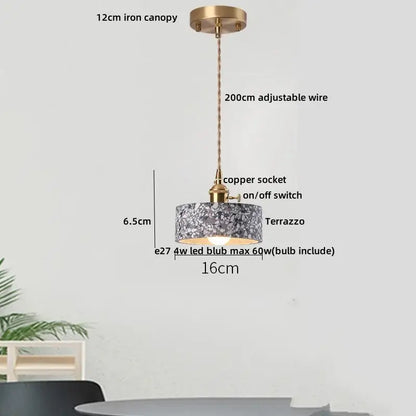 Vintage-style pendant light with 12cm iron canopy copper socket and adjustable wire featuring gray white terrazzo stone led shade