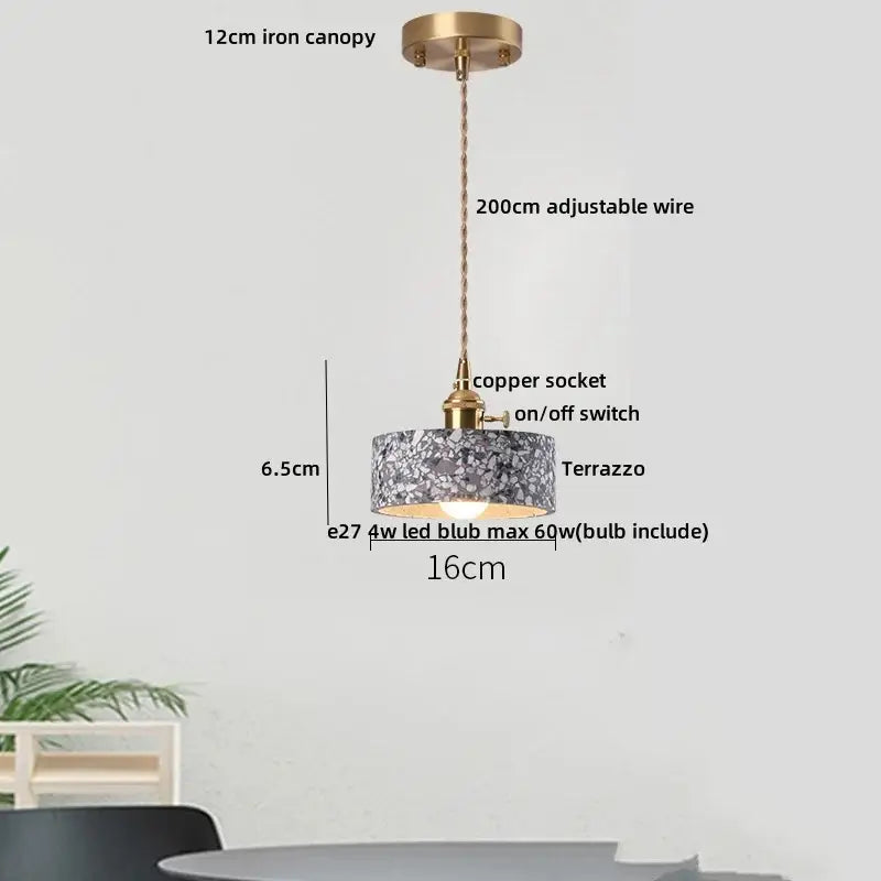 Vintage-style pendant light with 12cm iron canopy copper socket and adjustable wire featuring gray white terrazzo stone led shade