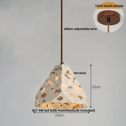 Modern earthy terrazzo stone led pendant light set featuring a beige and brown geometric faceted decorbites terrazzo stone design