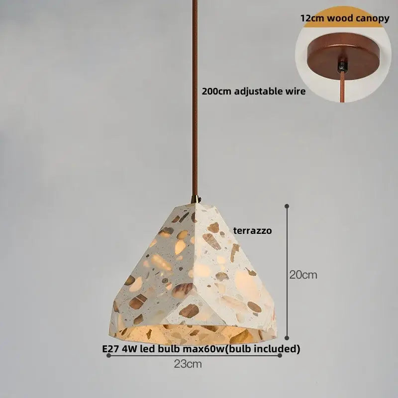 Modern earthy terrazzo stone led pendant light set featuring a beige and brown geometric faceted decorbites terrazzo stone design