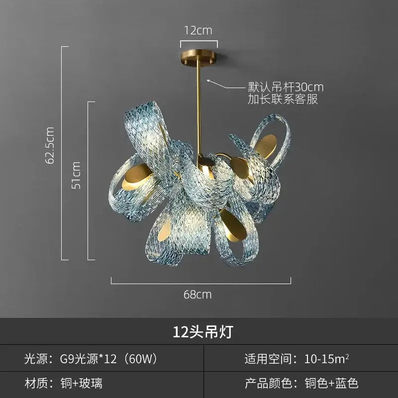 A modern elegant blue copper led 12-head chandelier with intricate blue glass and gold-toned metal accents for living room decor