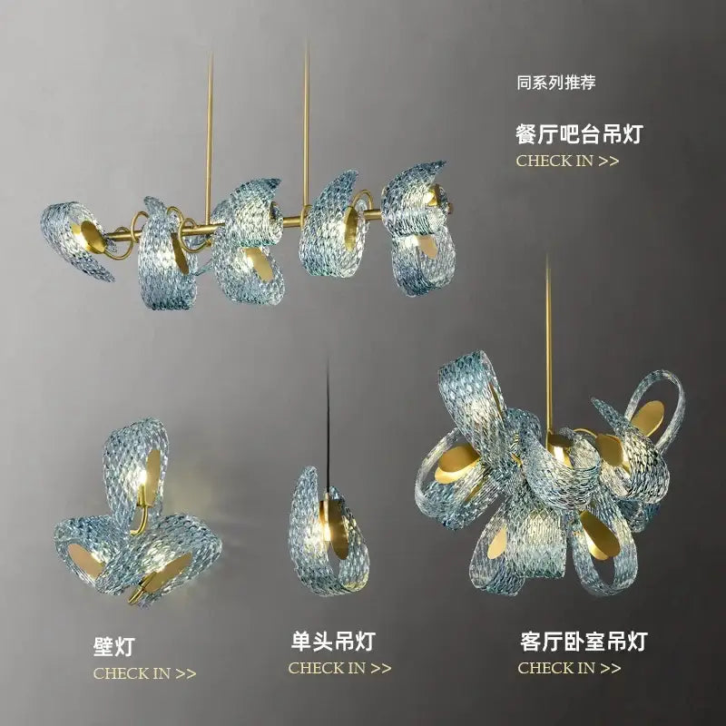 Modern elegant blue copper led flower chandelier with gold accents and sculptural design for living room decorbites elegant blue