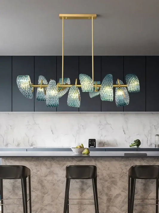 Modern elegant blue copper led flower chandelier with gold-toned frame and translucent blue bubble glass shades for living room decorbites elegant blue copper led