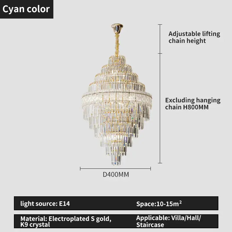 Modern elegant crystal chandelier with cascading k9 crystal prisms and gold electroplated accents for villa decorbites elegant crystal