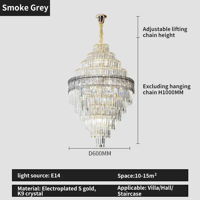 Decorbites elegant crystal chandelier in smoke grey with electroplated gold and k9 crystal tiers for dining room decor