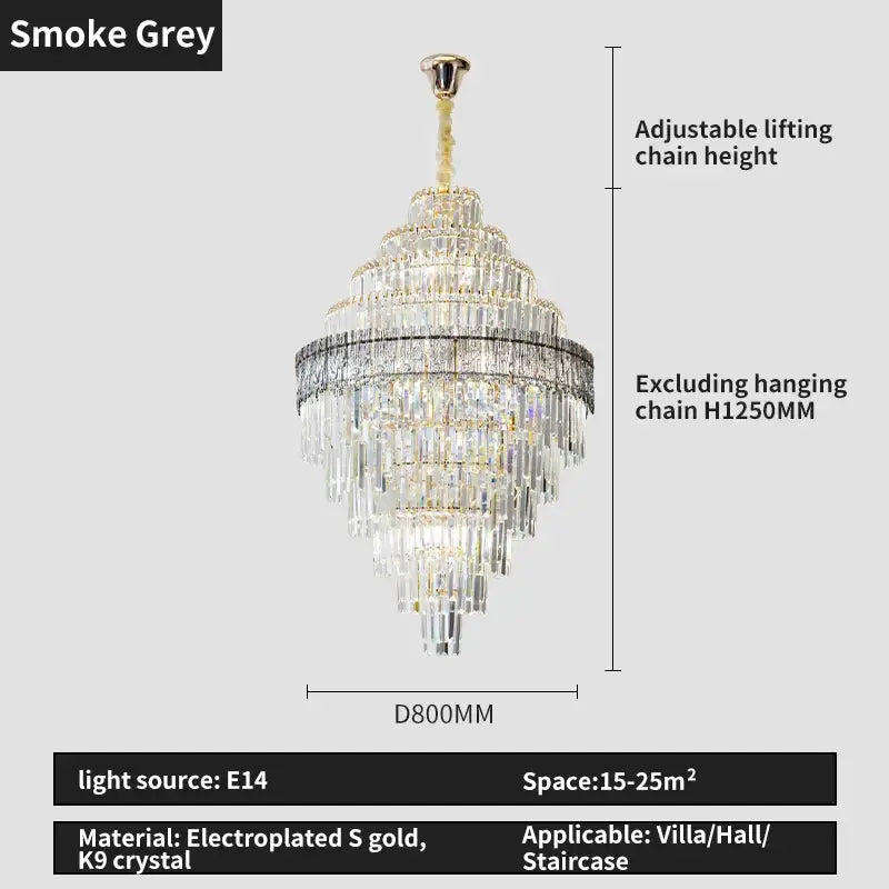 Modern elegant decorbites elegant crystal chandelier in smoke grey with electroplated gold and k9 crystal prisms