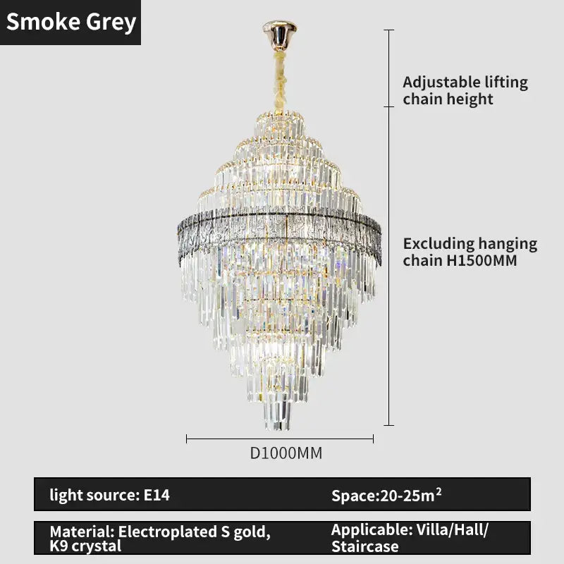 Smoke grey electroplated gold decorbites elegant crystal chandelier with k9 crystal elements for dining room decor
