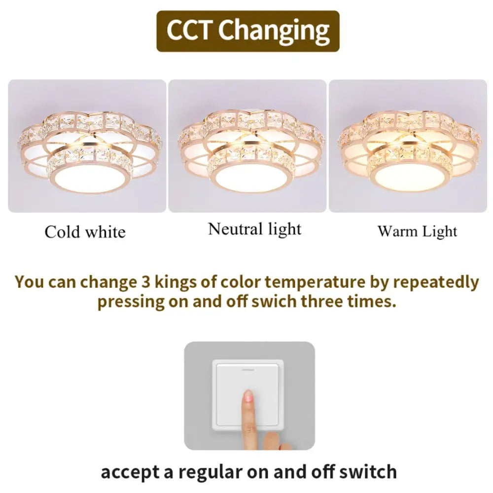 A modern elegant crystal led chandelier ceiling lamp with a gold metal frame and crystal led cold white light
