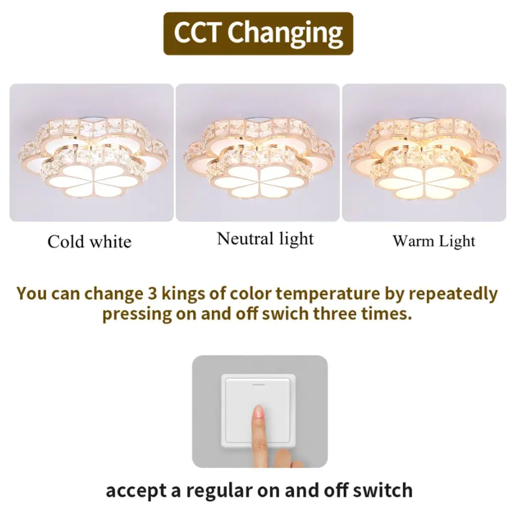 Modern elegant crystal led chandelier ceiling lamp with gold-toned frame, four-petal design, and adjustable cct settings