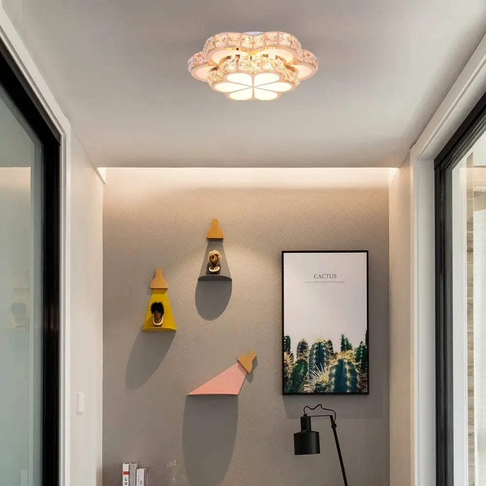 Modern elegant crystal led chandelier ceiling lamp with floral design clear crystal accents and warm white illumination