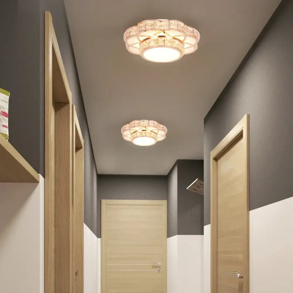 Modern elegant crystal led chandelier ceiling lamp with two circular warm glowing crystal led embellishments