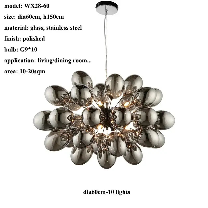 Modern elegant grape glass chandelier with polished glass and stainless steel spherical design featuring ten g9 bulbs