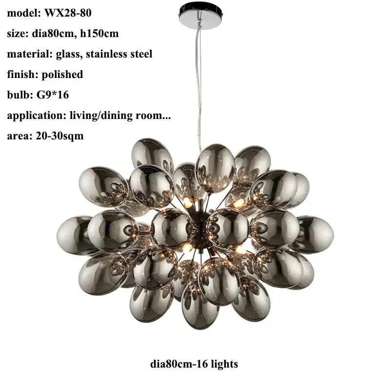 Modern elegant grape glass chandelier with polished glass and stainless steel spherical design featuring 16 g9 bulbs