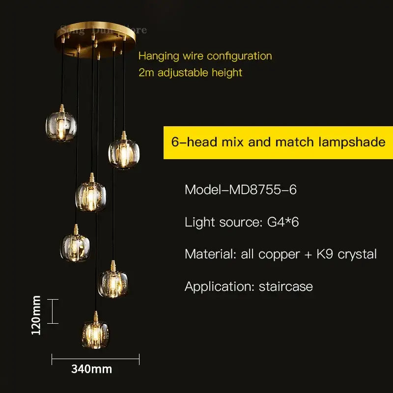 Gold-toned six-head pendant light with clear k9 crystal lampshades and copper fixtures for elegant rotating staircase decorbites elegant rotating pendant light in living room