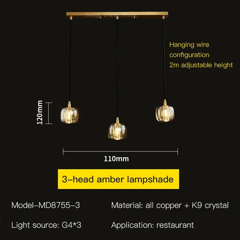 Modern elegant rotating staircase pendant light with three-head amber lampshade brass copper frame k9 crystal accents