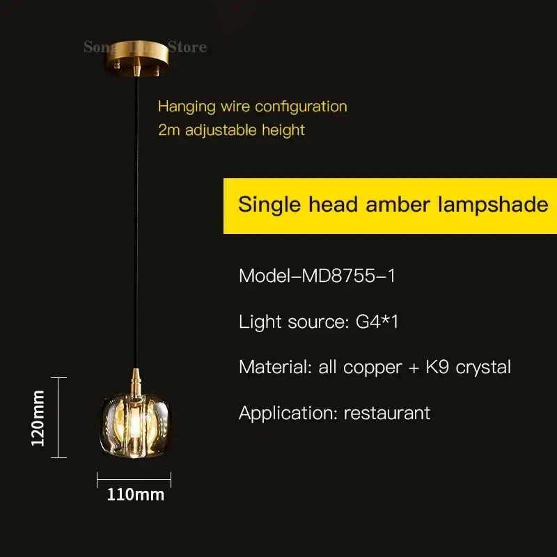 Modern elegant rotating staircase pendant light with amber lampshade golden copper frame and k9 crystal accents