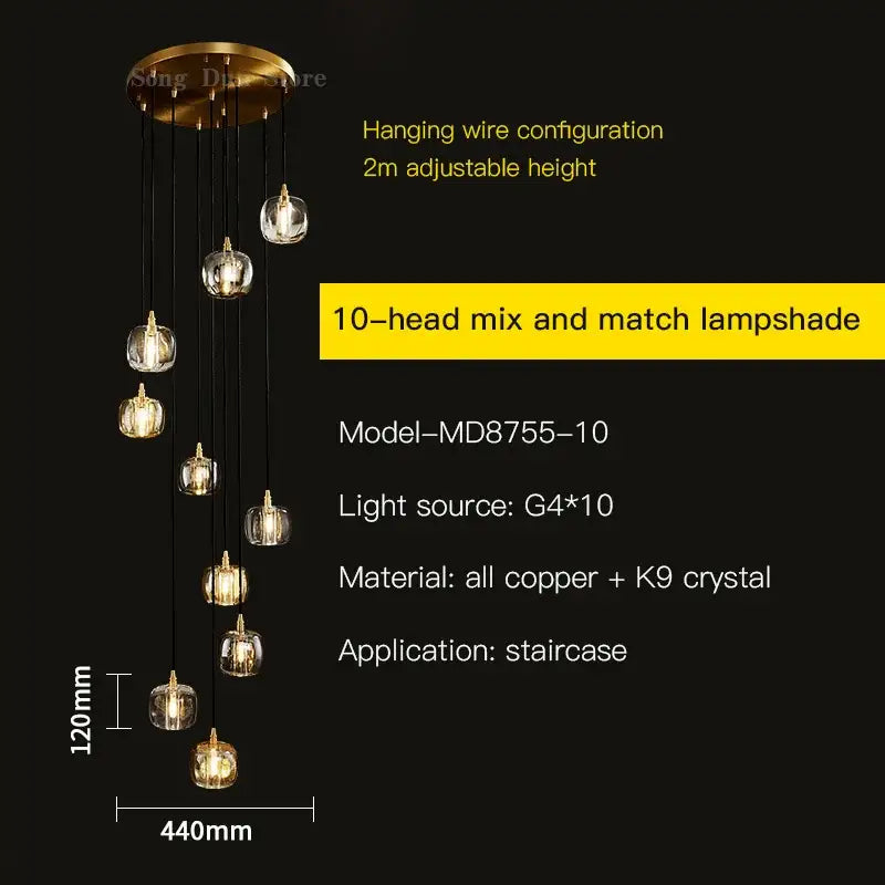 Modern elegant rotating staircase pendant light with 10-head gold-toned copper mount and k9 crystal lampshades decorbites elegant rotating
