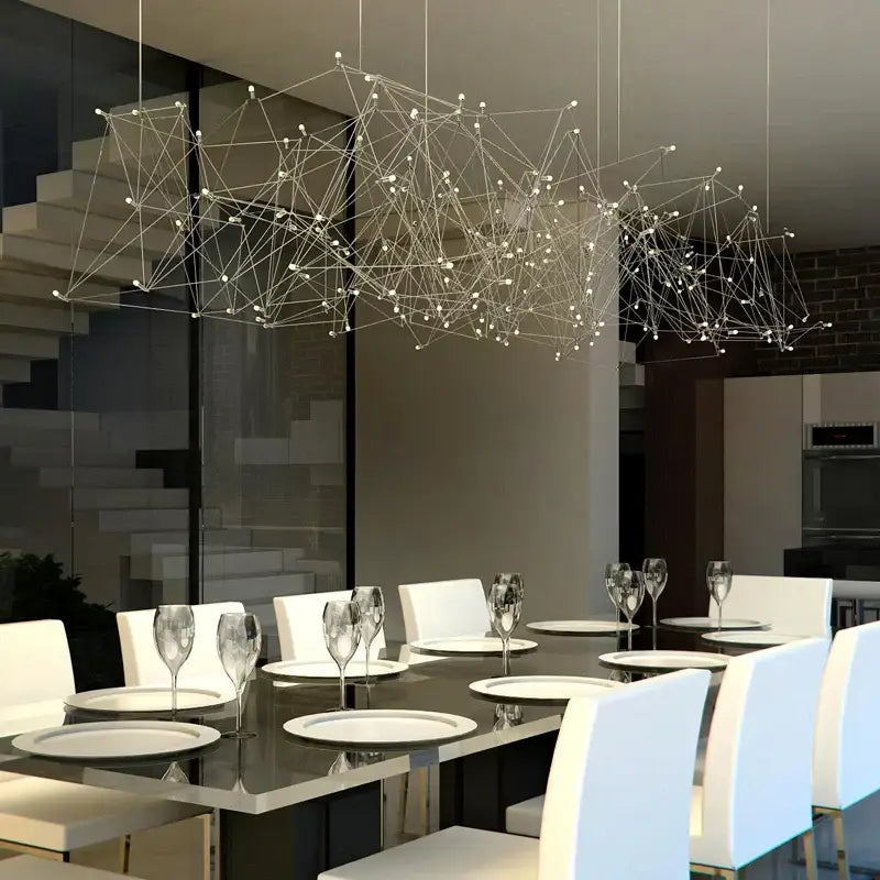 Modern elegant stainless steel geometric led chandelier with silver interconnected wireframe and spherical lights for dining room decorbites elegant stainless
