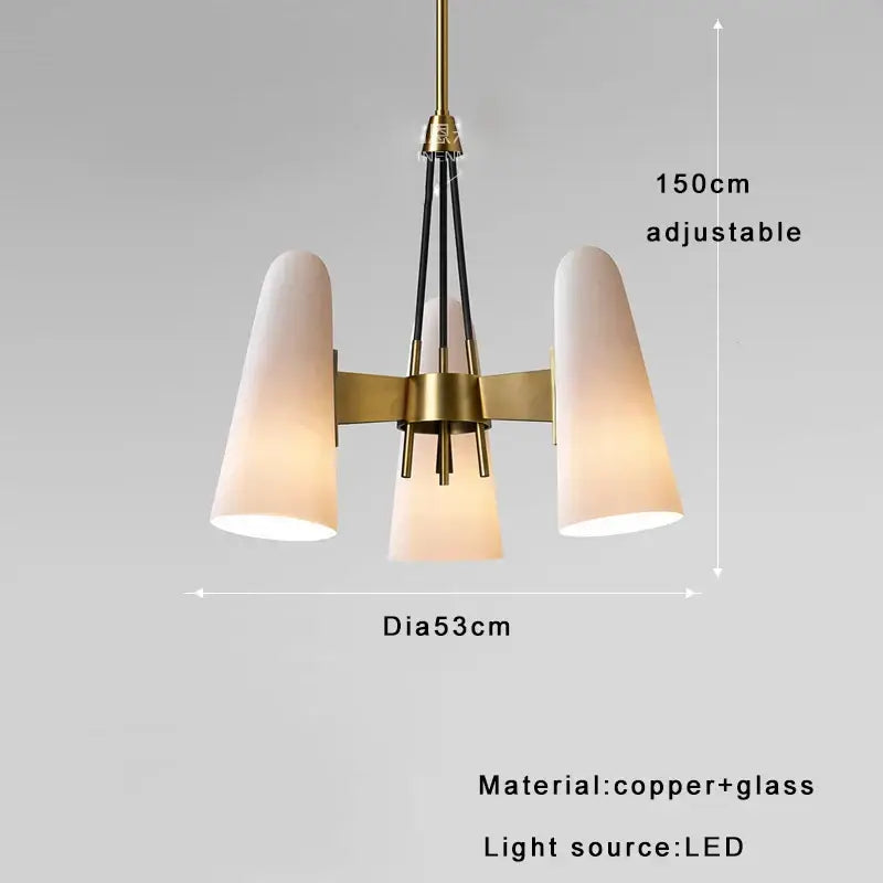 A modern three-light pendant chandelier with brass copper frame and elegant white glass cup shades for living room decorbites decor