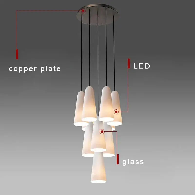 Modern elegant white glass cup chandelier with copper ceiling mount and LED illuminated suspended glass shades