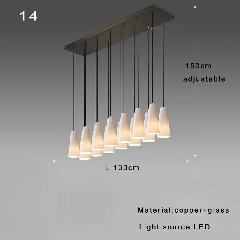 Modern rectangular pendant light with ten frosted white glass cup shades on copper frame for decorbites elegant white decor