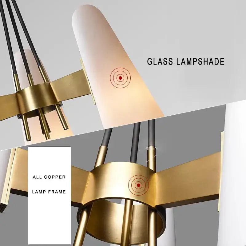 Modern elegant white glass cup chandelier with a sleek copper frame and translucent lampshades for living room decorbites elegant white