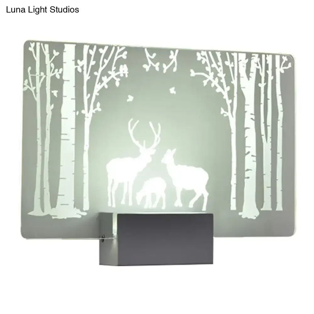 Modern elk forest wall lamp with frosted glass panel featuring white elk and birch trees for 110v 120v use
