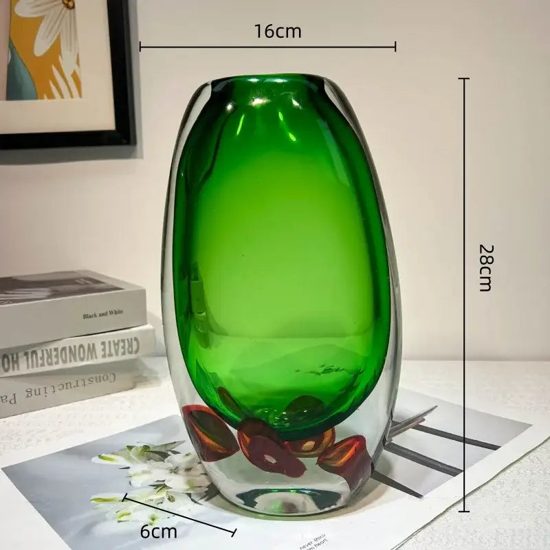 Modern emerald clear fruit tray vase made of translucent emerald green glass with red and orange floral decorbites clear fruit motifs