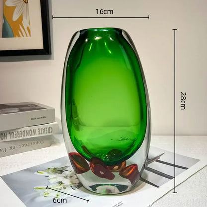 Modern emerald clear fruit tray vase made of translucent emerald green glass with red and orange floral decorbites clear fruit motifs