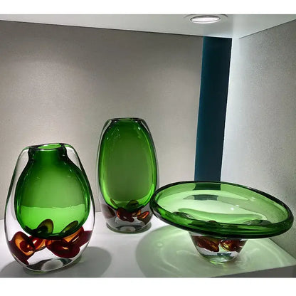 Set of three modern emerald clear fruit tray vases in green glass with red and orange accents for living room decorbites clear fruit
