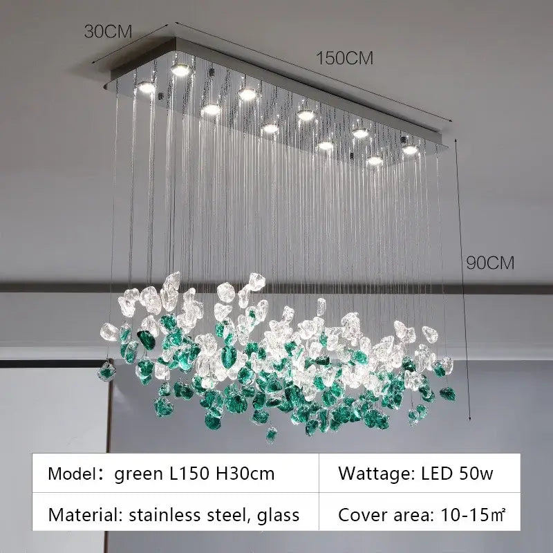 A modern rectangular glass stone chandelier with stainless steel frame and emerald clear crystals for dining room decorbites decor