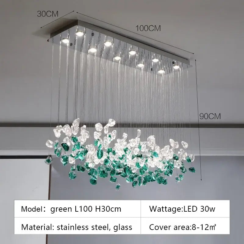 Modern emerald and clear glass stone chandeliers with stainless steel frame for dining room decorbites glass stone decor