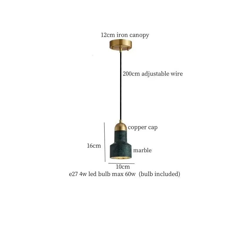 Modern emerald green and brass led pendant lamp with marble shade and adjustable black wire for dining room lighting