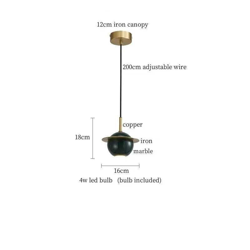 Modern black marble led pendant lamp with copper accents and brass iron canopy for dining room lighting