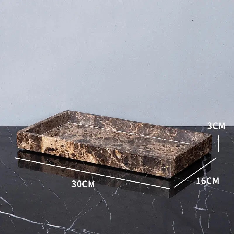 Rectangular emperador dark marble tray with dark brown base and golden veining measuring 30cm by 16cm