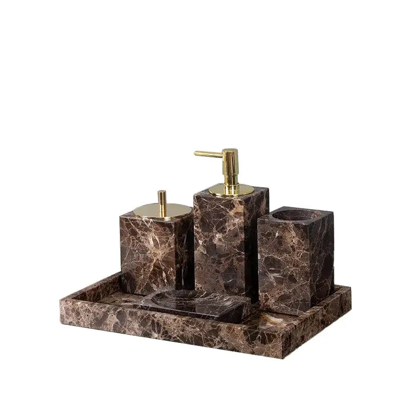 Modern emperador dark marble bathroom set with gold-tone pump and lid accents in dark marble finish