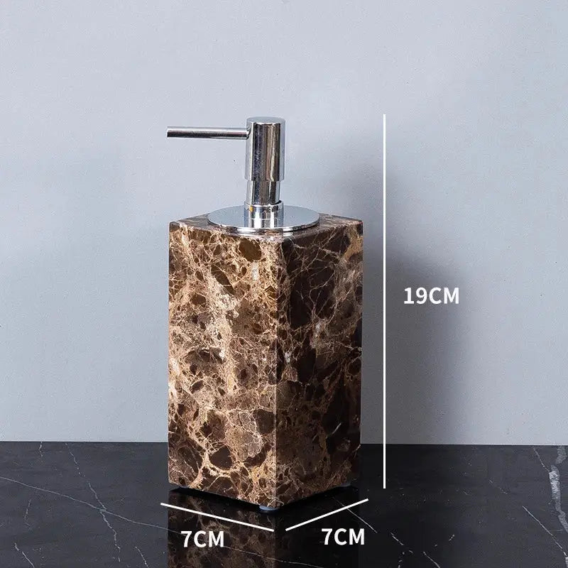 Brown marble soap dispenser with a sleek chrome pump from the modern emperador dark marble bathroom set
