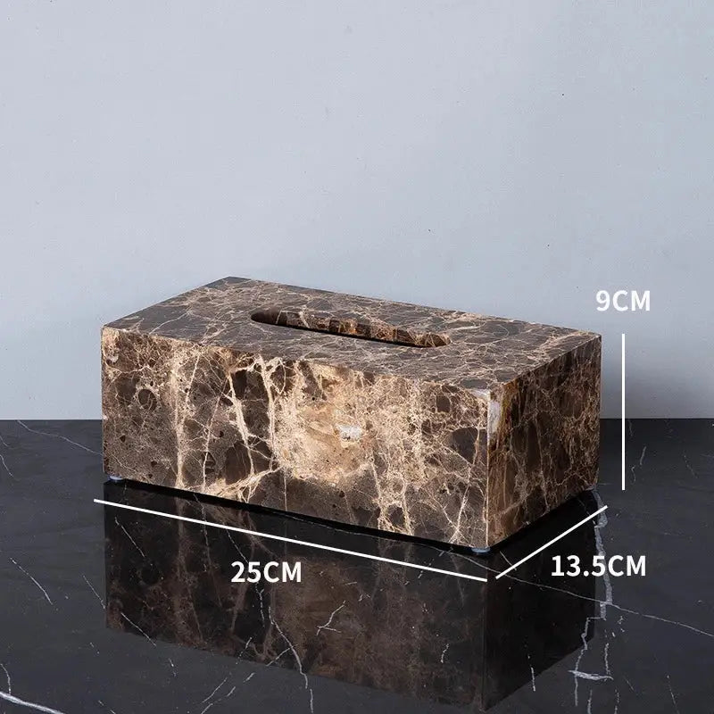 Brown emperador dark marble tissue box with sleek rectangular design and natural veining for modern bathroom set